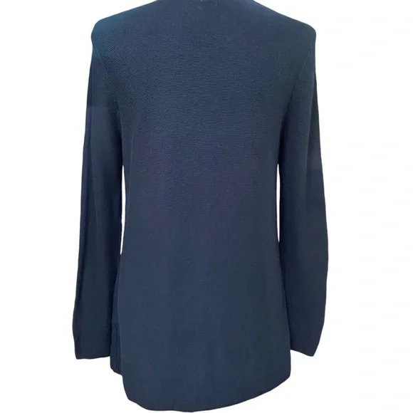 J Jill Open Front Cardigan Navy Silk Wool Blend Pocketed Sweater Minimalist XS - Picture 3 of 7